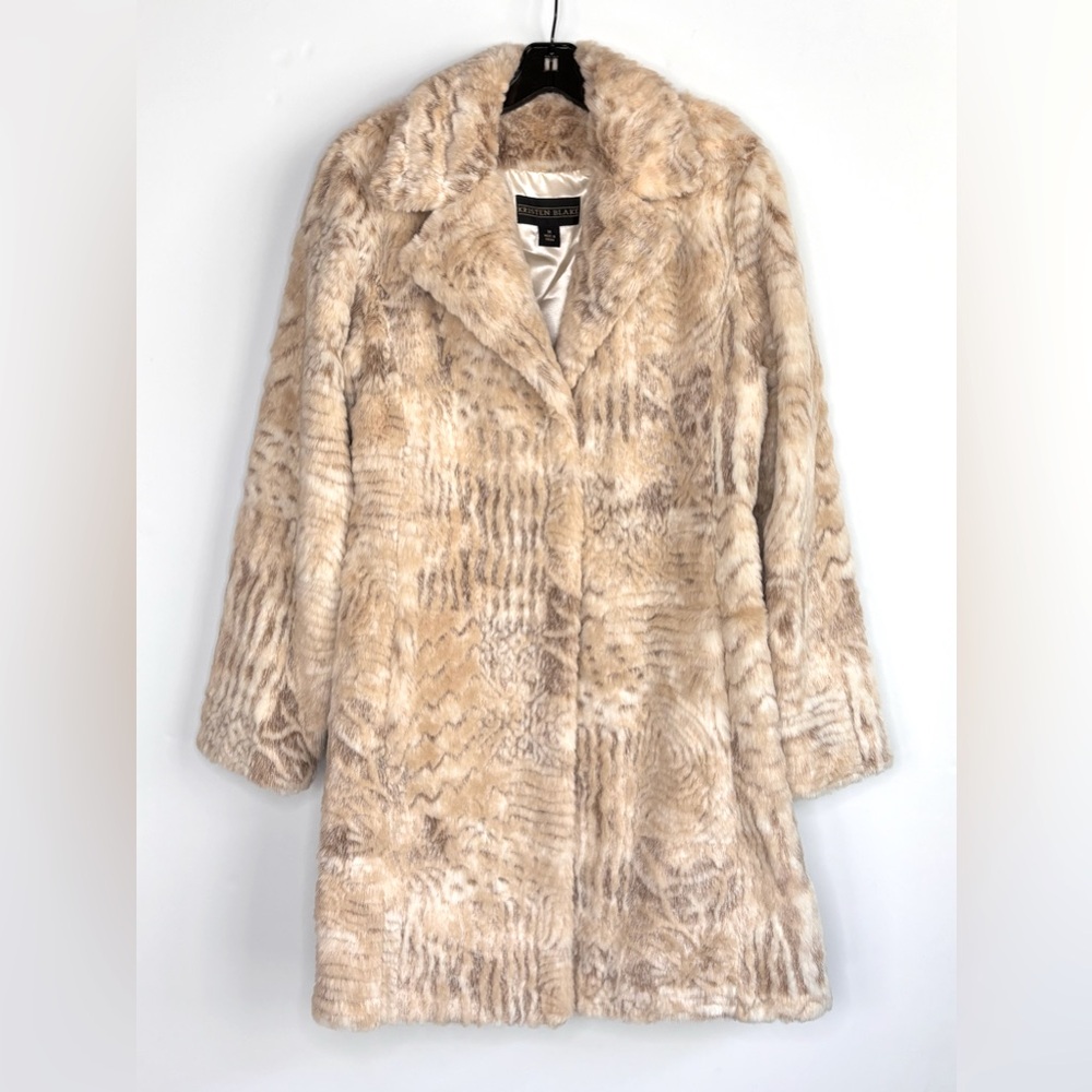 Kristen Blake Vintage Coat Cream Tan Art Print Patterned Plush Faux Fur Overcoat